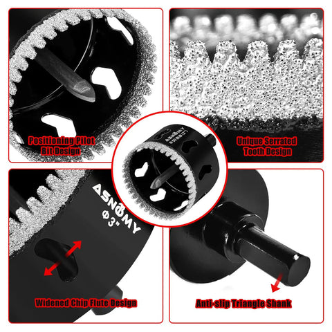 Close-up view of 4 Inch Diamond Hole Saw Kit with Pilot Drill Bit, serrated brazed diamond core drill bits, guide and shank visible.