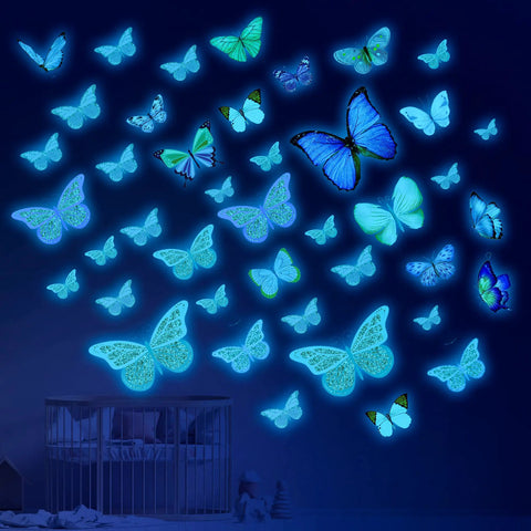 Luminous Butterfly Wall Stickers Set With 58 Pcs Phosphorescent Colorful Wall Art glowing butterflies on dark wall.
