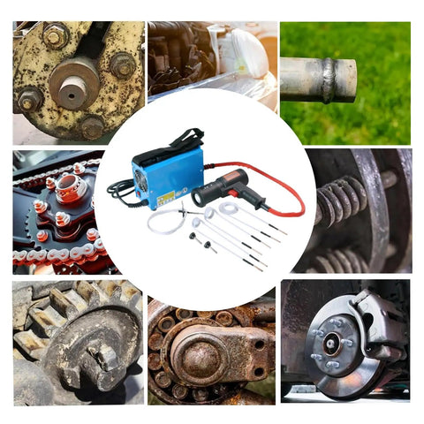 Quick Fix Handheld Electromagnetic Induction Heater 1500W beside various car components, demonstrating use on rusty bolts and nuts.