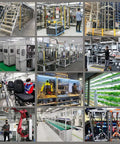 Collage of industrial machinery and automation equipment in a factory setting, including CNC, robotic arms, and production lines.