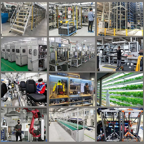 Collage of industrial machinery and automation equipment in a factory setting, including CNC, robotic arms, and production lines.