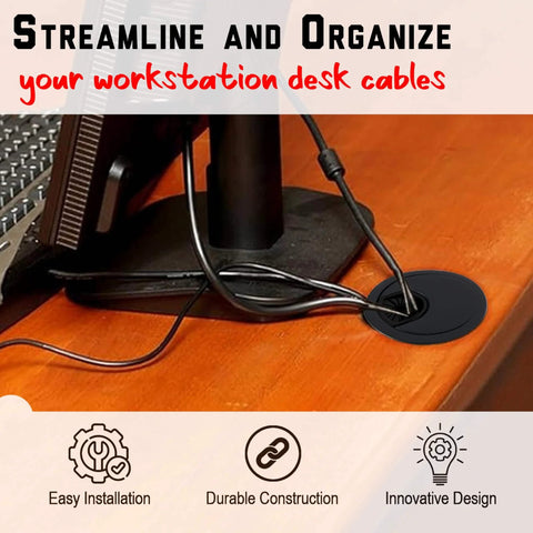 2.5 Inch Plastic Cable Grommet Desk Hole Cover for wire management in workstation, organizing cables through a 60mm opening.