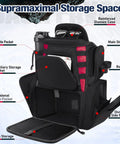 Heavy Duty Fishing Backpack With 2 Rod Holders And 4 Tackle Boxes, black 1200D nylon, open storage compartments visible, rain cover.