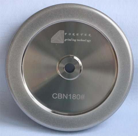 Front view of 4 In 1 Plus CBN Grinding Wheel for sharpening woodturning and HSS tools, eight inch diameter, CBN180# visible.