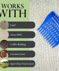 Blue sand sifting shovel with rake on sand surface, labeled for use with sand, PDZ, coffee bedding, coconut litter, lawn.