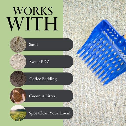 Blue sand sifting shovel with rake on sand surface, labeled for use with sand, PDZ, coffee bedding, coconut litter, lawn.