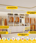 Modular Closet System With Nine Drawers And Eight Shelves For Walk In Rooms Includes Ten Hang Rods Slick Integrated Lighted Vanity Mirror And Shoe Rack, showcasing built-in vanity mirror, long and short garment hanging areas.
