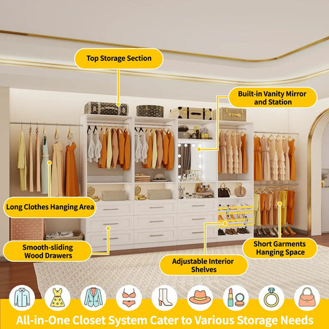 Modular Closet System With Nine Drawers And Eight Shelves For Walk In Rooms Includes Ten Hang Rods Slick Integrated Lighted Vanity Mirror And Shoe Rack, showcasing built-in vanity mirror, long and short garment hanging areas.