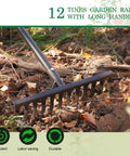 Heavy Duty Garden Rake With Long 74 Inch Handle And 12 Metal Tines for Loosening and Leveling Soil, black, in use