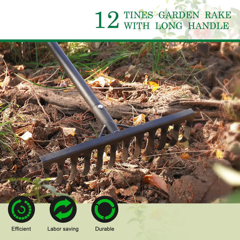 Heavy Duty Garden Rake With Long 74 Inch Handle And 12 Metal Tines for Loosening and Leveling Soil, black, in use