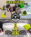 Image of Ultimate Car Wash Bucket Kit with Dirt Trap Insert, foam cannon, foam blaster, and citrus wash soap for scratch-free washing.