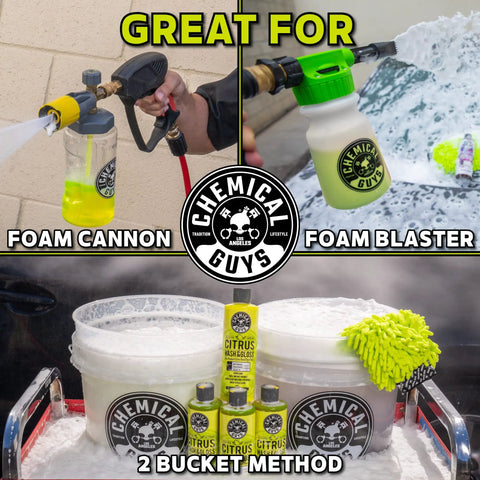 Image of Ultimate Car Wash Bucket Kit with Dirt Trap Insert, foam cannon, foam blaster, and citrus wash soap for scratch-free washing.