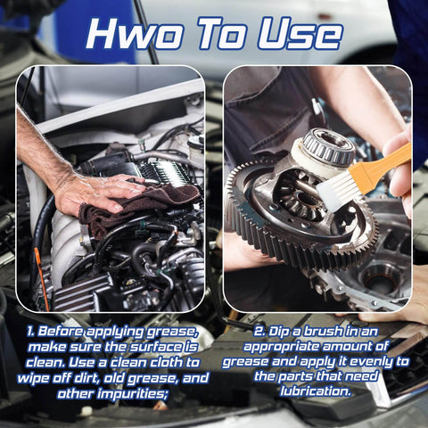 White Lithium Grease Go To Multi Purpose Lubricant With Built In Brush For Metal To Metal Hinges Gears Bearings And Chains Ideal For Automotive Marine And Industrial Use 3.5oz Long Lasting Protection And Smooth Operation being applied in an engine and on mechanical gears