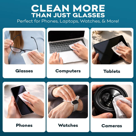 Big Lens Wipes 50 Count For Glasses, Watches, Screens And More Clean Smudge Free With Quick Dry Isopropyl Alcohol Streak Free Shine Wipes 9.8 By 6.7 Inch For Lenses And Displays shown cleaning glasses, computer, tablet, phone, watch, and camera lens