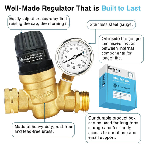 Renator RV water pressure regulator with gauge; brass, lead-free, adjustable for camper.