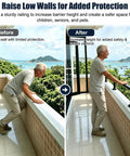 Before and after images showing Height Increasing Balcony Railing Kit With Wall Extender For Low Walls in use for safety.