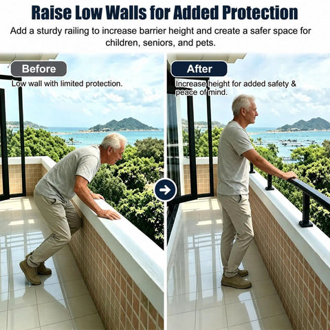 Before and after images showing Height Increasing Balcony Railing Kit With Wall Extender For Low Walls in use for safety.