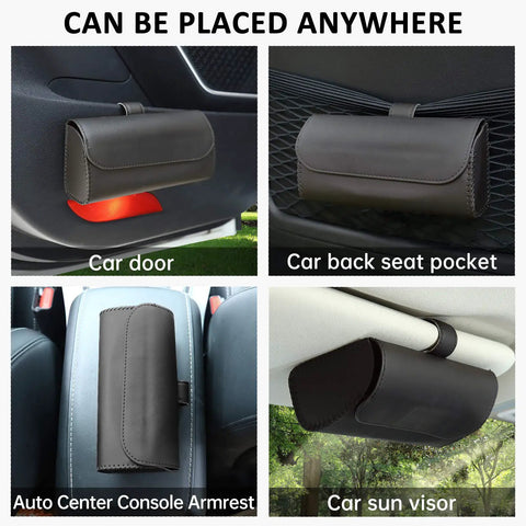 Premium Leather Car Sun Visor Sunglasses Holder, 2 Pack Universal Eyeglass Case With Secure Magnetic Snap, Sleek Auto Organizer mounted on car door.
