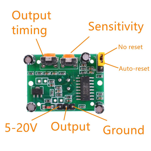 2 Pack HC-SR501 Human Body Infrared PIR Motion Detector Sensor Module For Arduino Raspberry Pi And DIY Projects, green 32x24mm PCB with timing, sensitivity and reset pins