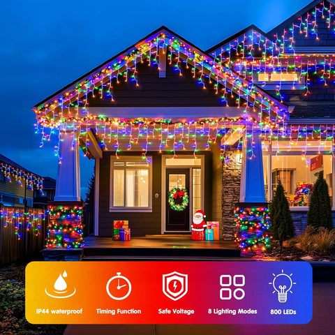 House decorated with Epic 800 LED Icicle Christmas Lights Outdoor Plug In Multicolor With 160 Drops Waterproof 8 Modes 77.6 Feet Length