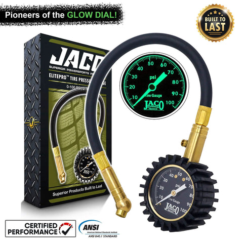 JACO ElitePro tire pressure gauge with glow dial and brass hose connector 0-100 psi