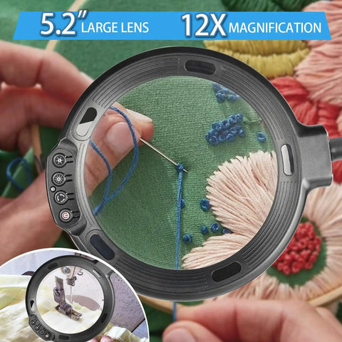 Close-up of 12X Lighted Floor Magnifier with Flexible Gooseneck Clamp Stand showing embroidery detail, 5.2 inch lens in use.