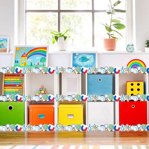 Lab Themed Bulletin Board Border 65.5 Feet Long 2.8 Inch High for colorful classroom decor on cubby shelf display; kid friendly.