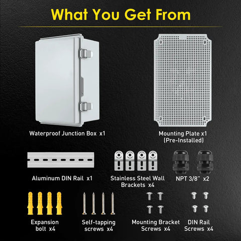 Outdoor Rugged Waterproof Electrical Junction Box IP67 Weatherproof Plastic Enclosure with Aluminum DIN Rail Mounting Plate and Wall Brackets, kit components displayed.