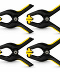 Four black and yellow clamps from Eight Pack LCD Screen Fastening Clamps With Scratch Free Sponge Pads displayed on white background.