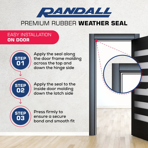 Instructional image on applying Peel And Stick Door And Window Weatherstrip Seal 9/16 Inch Wide 5/16 Inch Thick 10 Feet Long White EPDM Rubber