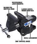 Tradesman SE Black Five And A Half Inch Bench Vise And BASH Sixteen Inch Sledge Hammer Set For The Shop Heavy Duty 60K PSI Ductile Iron Body Enclosed Design That Locks In Lubricant And Takes A Beating For Forming And Tough Work. 5.5 in bench vise with 360° swivel base and anvil
