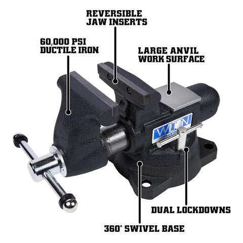 Tradesman SE Black Five And A Half Inch Bench Vise And BASH Sixteen Inch Sledge Hammer Set For The Shop Heavy Duty 60K PSI Ductile Iron Body Enclosed Design That Locks In Lubricant And Takes A Beating For Forming And Tough Work. 5.5 in bench vise with 360° swivel base and anvil