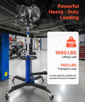 Beefed-Up Hydraulic Transmission Jack, 1660 Lbs Capacity, in a garage setting with telescoping lift and swivel wheels, blue