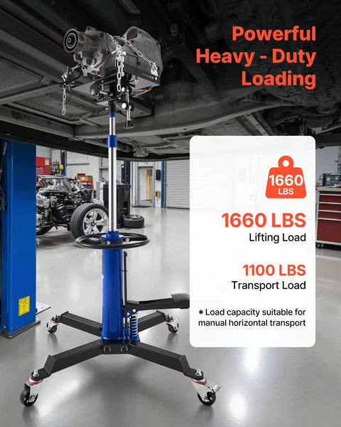 Beefed-Up Hydraulic Transmission Jack, 1660 Lbs Capacity, in a garage setting with telescoping lift and swivel wheels, blue