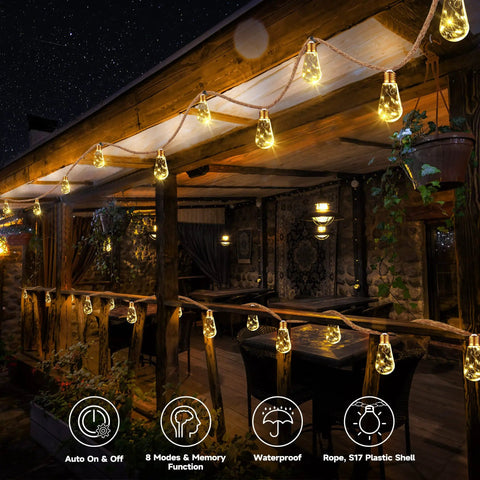 Vintage Hemp Rope Solar String Lights For Outdoor Patio 20 Feet With 16 Shatterproof Bulbs Waterproof Warm White 8 Modes