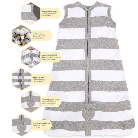 Unisex Beekeeper Blanket Swaddle Transition Sleeping Bag for Babies in rugby stripe heather grey, medium US, organic cotton.