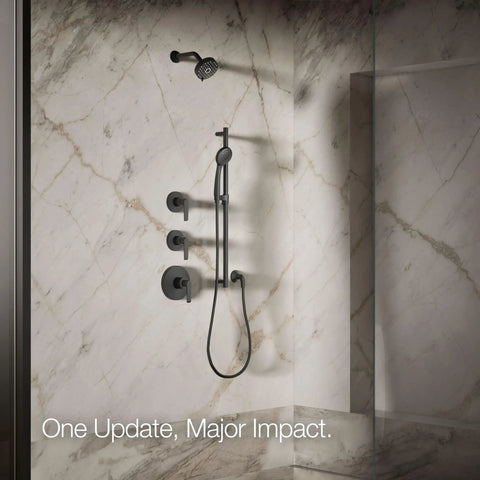 Awaken G110 Three Function Showerhead With Wall Mount, Oil Rubbed Bronze Finish installed in marble-tiled shower