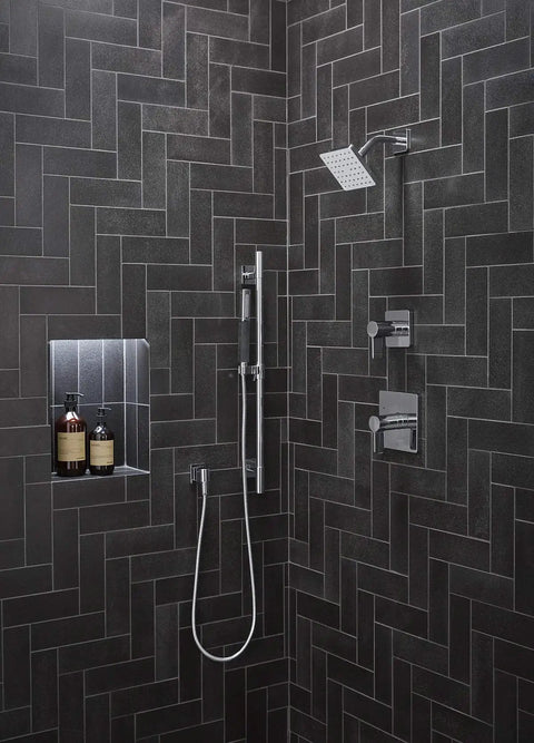 Contemporary shower design with Parallel Transfer Valve Trim With Lever Handle For MasterShower K-728 Series ADA Ergonomic control.