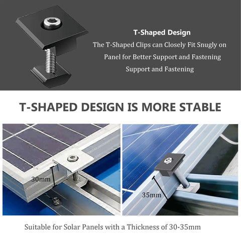 Heavy Duty Rock Solid Center Clamps For Solar Panels 10 Pack showing T-shaped design for 30mm and 35mm panels.