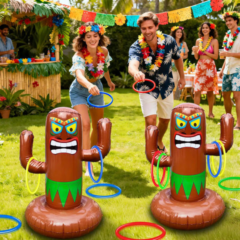 Inflatable Luau Tiki Pool Ring Toss Set With 4 Rings And Tiki Base 25 Inch Tiki Toss Beach Party Toy For Adults Indoor Outdoor Summer Pool Games Colorful Tropical Theme Party Supplies