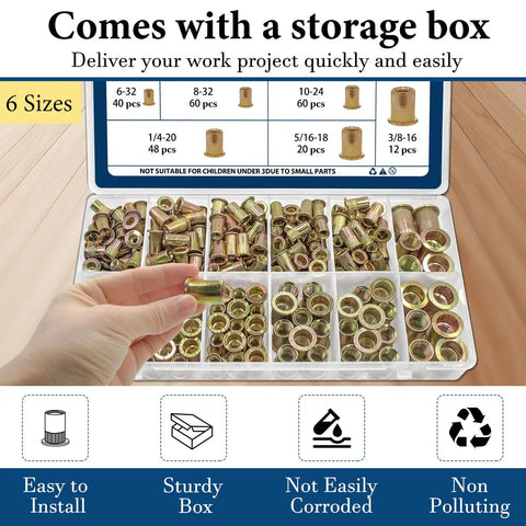 Rivet Nut Kit 240 Pcs Dope Six Size Set With 6-32 8-32 10-24 1/4-20 5/16-18 3/8-16 UNC Zinc Plated Carbon Steel Nutserts in storage box