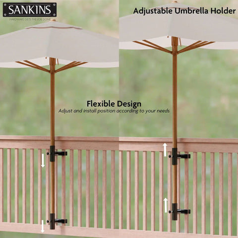Heavy Duty Patio Umbrella Holder For Deck Railing Adjustable Clamp Mount Base For Balcony Outdoor Umbrella Stand With Water Drain Holes Rust Proof Stainless Steel Screw Fixing For Extra Stability In Tough Wind installed on a wooden deck railing