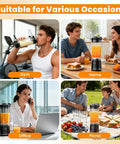 Personal Size Portable Blender For Shakes And Smoothies, 16oz Mini Small Smoothie Blender displayed in gym, office, home, and picnic settings.