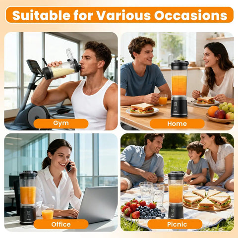 Personal Size Portable Blender For Shakes And Smoothies, 16oz Mini Small Smoothie Blender displayed in gym, office, home, and picnic settings.
