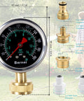 Liquid Filled Water Pressure Gauge Kit 0-200 Psi With 5 Piece Quick Connect Set, Standard Three Quarter Inch Female Garden Hose Thread, Home Use Gauge For Faucets And Hoses, Includes One Quarter Inch And One Half Inch Adapters showing 67 mm gauge and brass fittings