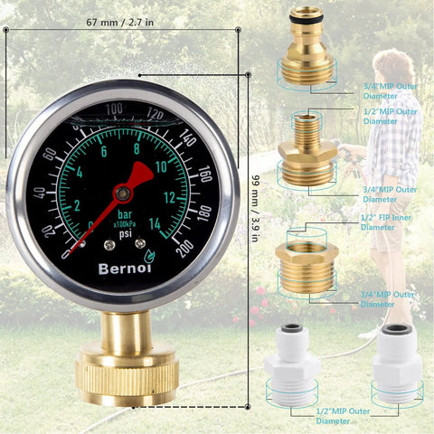 Liquid Filled Water Pressure Gauge Kit 0-200 Psi With 5 Piece Quick Connect Set, Standard Three Quarter Inch Female Garden Hose Thread, Home Use Gauge For Faucets And Hoses, Includes One Quarter Inch And One Half Inch Adapters showing 67 mm gauge and brass fittings