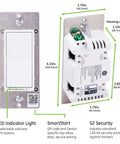 Z-Wave Light Dimmer With QuickFit And SimpleWire, 3-Way Ready, front and back view showing dimensions and features, Model 46203.