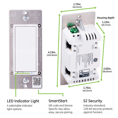 Z-Wave Light Dimmer With QuickFit And SimpleWire, 3-Way Ready, front and back view showing dimensions and features, Model 46203.