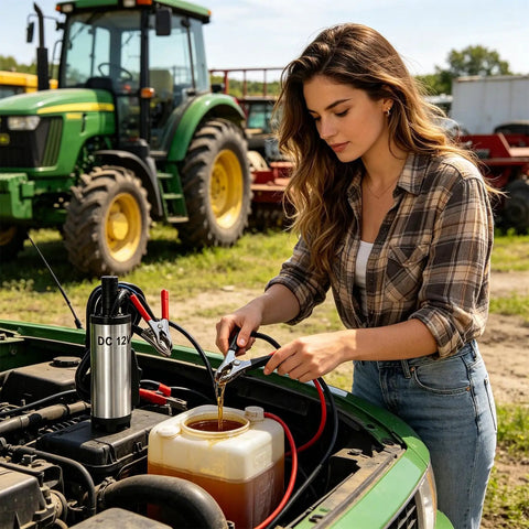 Heavy Duty Portable Oil Transfer Pump With Multi Purpose Fluid Dispensing For Gas, Diesel And Water Moving In Garage Or Outdoors To Keep Your Shop Running Smooth Without Any Hassle Or Stoppage, woman pouring oil into engine.