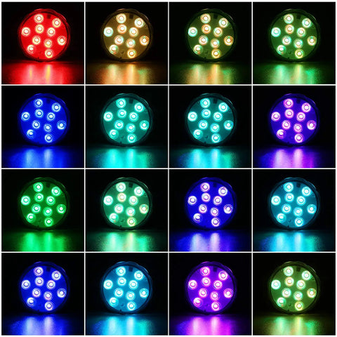 Color Changing Submersible LED Lights With Remote Battery Operated Decor for various color modes shown